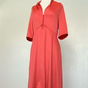Asymmetrical Coral Red Midi Dress with Button Front
